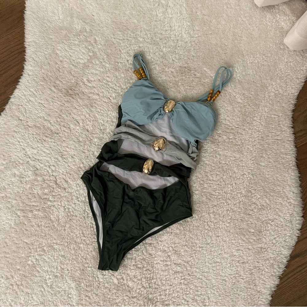 Commense Green and Light Blue One Piece Swimsuit - Picture 2 of 4
